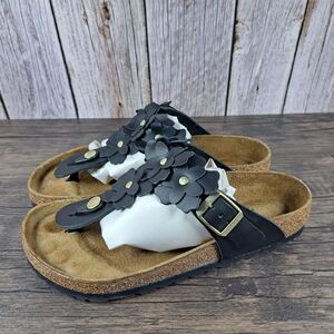 Birkenstock Gizeh Flower Leather Sandals Women's Sz 5 EU36 Black (VGC)